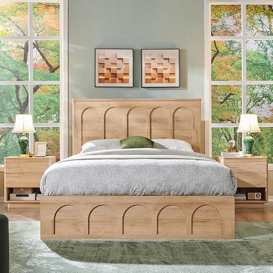 ACCOHOHO Queen Size Bed Frame Modern with 52" Tall Arched Recessed Headboard and 4 Drawers, Solid Wood Slats Support, Wood Platform, Noise Free, No Box Spring Needed, (Natural Oak)