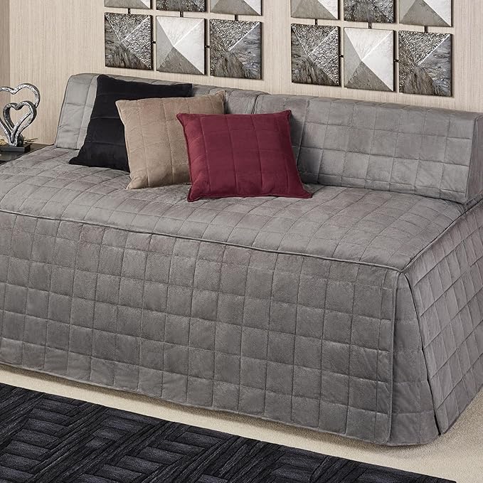 Camden Luxury Bedding | Neutral Charcoal Gray Color | Fitted Hollywood Daybed Bedding | Faux Suede Box Quilted Design | 5 Piece Set Includes Hollywood Cover, 2 Bolster Shams, and 2 Bolster Pillows