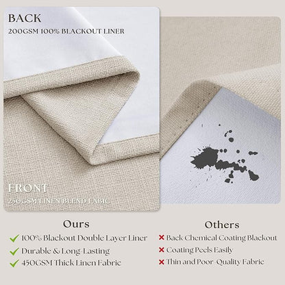 Cream White Linen Blackout Pleated Curtains 108 Inches Long 2 Panels Set Pinch Pleate 100% Black Out Double Layer Natural Burlap Thermal Insulated Drapes for Bedroom Living Windows 108 Inch Length