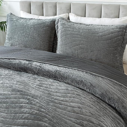 HoneiLife Velvet Quilt Sets Queen - Lightweight Bedspreads 3-Pieces, Wavy Coverlets Rustic Bed Cover Queen Quilt Bedding Sets for All Season Use, Grey