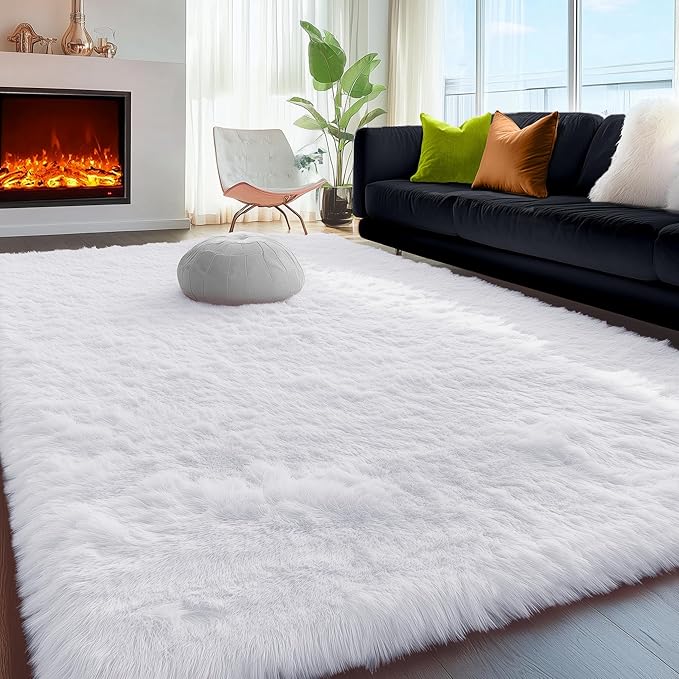 PAGISOFE Fluffy Shaggy Area Rug 5x8, Plush Rugs for Living Room, Fuzzy Rug for Nursery, Furry Rugs for Girls Boys Bedroom, Shag Carpet for Dorm Room, Soft Rug for Kids Playroom Decor,Office White