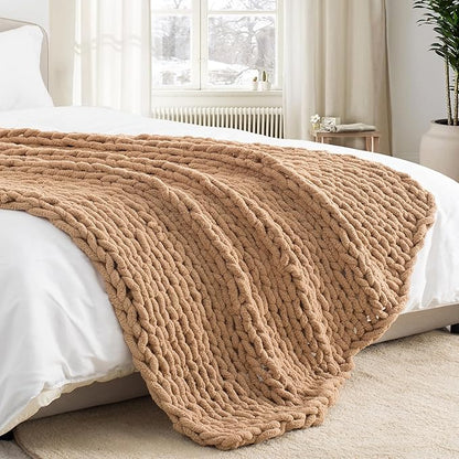 Chunky Knit Throw Blanket 50"X 60", 100% Handmade with Soft Chenille Yarn, 4.4lbs Thick Cable Knitted Blankets, Large Rope Knot Crochet Throws for Couch Sofa Bed Home Decor, Tan Brown
