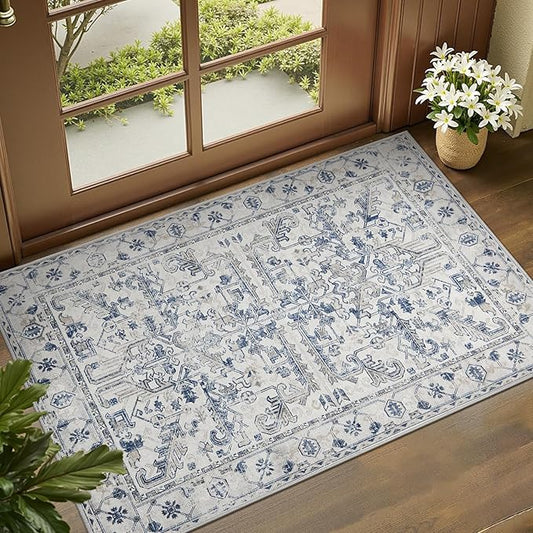 jinchan Lima 2x3 Entryway Washable Rug - Non-Slip Indoor Distressed Doormat Small Rug Low Pile Ultra-Thin Accent Floral Print Indoor Mat for Entrance Kitchen Bathroom Bedroom (2x3ft, Blue)