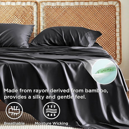 Bedsure Queen Sheets, Rayon Derived from Bamboo, Queen Cooling Sheet Set, Deep Pocket Up to 16", Breathable & Soft Bed Sheets, Hotel Luxury Silky Bedding Sheets & Pillowcases, Black