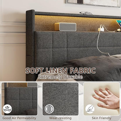 Forestell Queen Bed Frame with Headboard, Grey Upholstered Platform Bed with 4 Storage Drawers, Built-in LED Lights & Charging Station, Metal Slats Support, No Box Spring Needed, Cama Queen Size