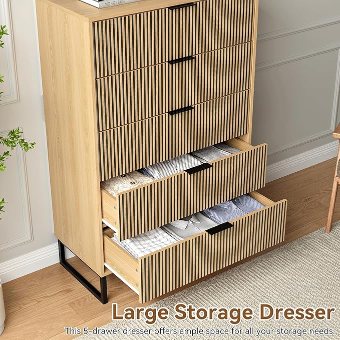 5 Drawers Dresser, 49.2’’ Tall Modern Chest of Drawers for Bedroom, Large Closet Dressers with Drawers, Wooden Drawer Dresser for Bedroom, Living Room, Hallway