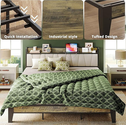 LIKIMIO California King Bed Frame, Storage Headboard with Charging Station, Solid and Stable, Noise Free, No Box Spring Needed, Easy Assembly (Walnut and Beige)