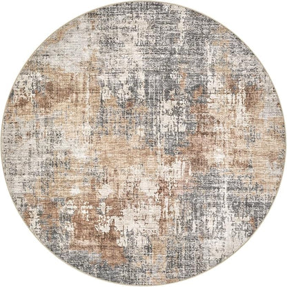 6ft Round Area Rug Living Room Rugs - 6x6 Washable Large Soft Indoor Neutral Modern Abstract Low Pile Rug Carpet for Bedroom Dining Room Farmhouse Home Office - Grey Brown