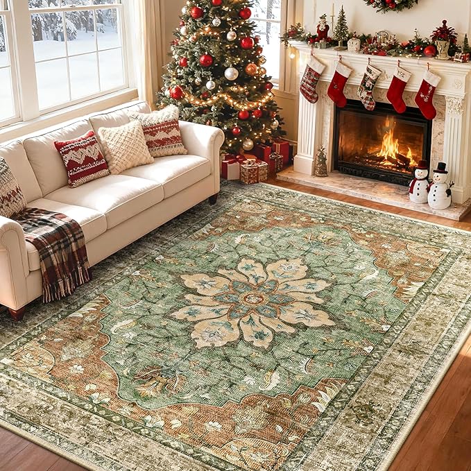 Area Rugs 5'x8' Washable Non-Slip, Floral Vintage Distress Print Pattern Medallion Carpet for Living Room Bedroom Dining Room, Brick Red Rust Neutral Brown Burnt Orange Green