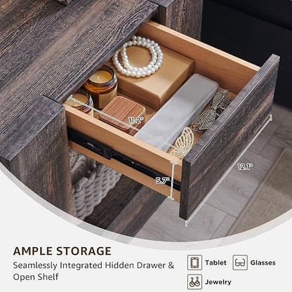 OKD 24'' Modern Nightstands Set of 2, Large Wooden End Table with Charging Station & Drawer & Storage Shelf, Rustic Square Bedside Table for Bedroom, Living Room, Wood Thick Design,Dark Rustic Oak