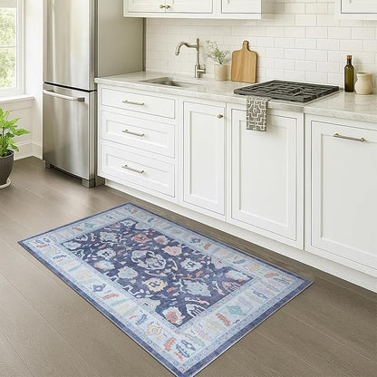 Fame Rugs Navy Blue Modern Oushak Rug 2x3, Vintage Doormat Turkish Colorful Oriental Antique Inspired Washable Small Area Rug, Luxury Living Room Bedroom (388NB, 2' x 3')