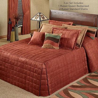 Touch of Class Camden Luxury Bedding | Warm Russet Color | Grande Fitted Bedspread | Faux Suede Box Quilted Design | Designed 3 Piece Set Includes Queen Bedspread and 2 Standard Shams