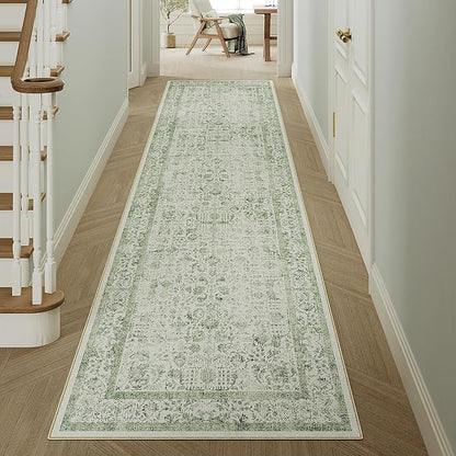 Runner Rug 2x8 Sage Green Hallway Washable Vintage Distressed Kitchen Carpet Non Slip Neutral Low Pile Retro Floral Farmhouse Long Throw Rug Entryway Bathroom Office Laundry Dining Room