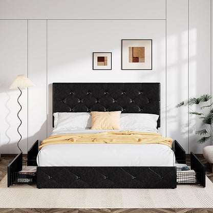 Allewie Upholstered Queen Size Platform Bed Frame with 4 Storage Drawers and Headboard, Diamond Stitched Button Tufted, Mattress Foundation with Wooden Slats Support, No Box Spring Needed, Black