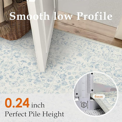 4x6 Blue Area Rug Non Slip Vintage Office Entryway Rug Distressed Machine Washable Kitchen Carpet Traditional Retro Floral Accent Throw Door Mat for Bedroom Bathroom Dining Living Room