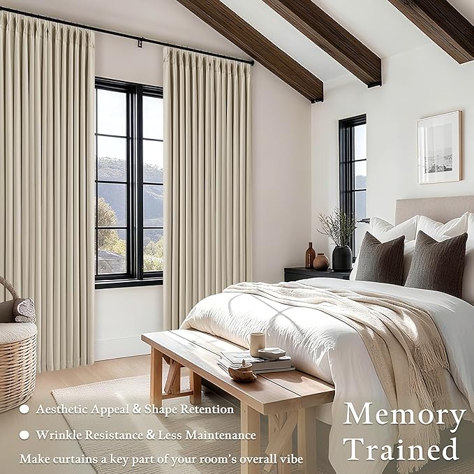102 Inch Blackout Linen Pleated Curtains for Bedroom Living Room Darkening Pinch Pleat 100% Black Out Thermal Insulated Window Drapes Double Layer Oatmeal Beige 102 Inches Long Curtains 2 Panels Set