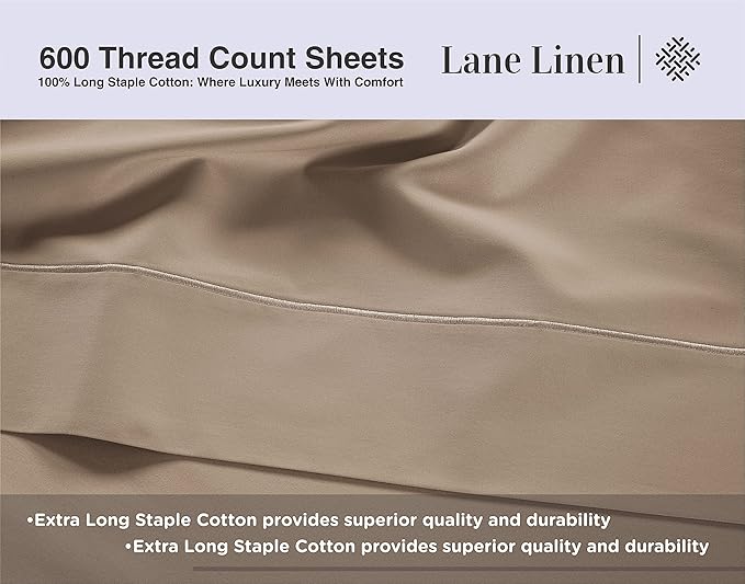 LANE LINEN 600 Thread Count 100% Cotton Sheets California King Size, Machine Washable Fully Elasticized Sofy & Comfy Low Pilling Cal Kings Sheets, Fade Resistant, Reinforced Fitted Pockets- Taupe