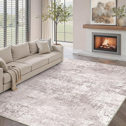 Washable Beige Area Rug 5x7 Modern Abstract Living Room Carpet Neutral Soft Bedroom Throw Rug Low Pile Non Slip Floor Cover for Office Laundry Dining Room Kitchen Bathroom