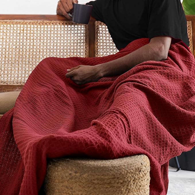 Salt Earth 100% Cotton Throw Blanket, King, 106"X92" Waffle Throws for Home, Bedrooms, Outdoor Couch & Office Couch, Modern & Cozy Room Decor Blankets, Lightweight All Season Western Blanket(Red)