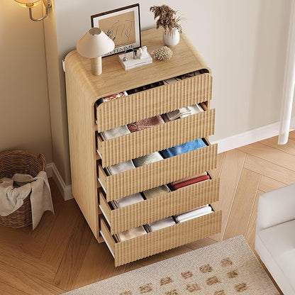 Tall Dresser for Bedroom with 5 Drawers, Fluted Chest of Drawers with Round Curved Corner, Hidden Handles, Modern Wood Storage Organizer for Bedroom, Nursery, Living Room