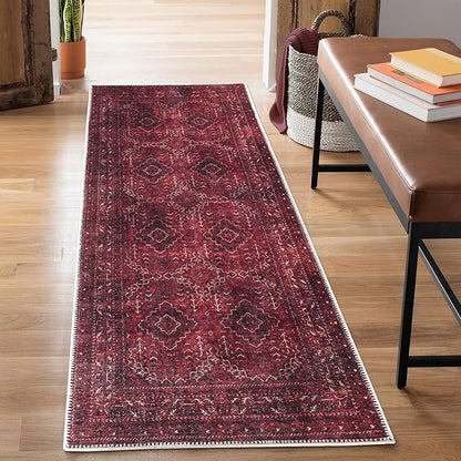 Bloom Rugs Washable Non-Slip 7 ft Runner - Dark Red Traditional Bordered Runner for Entryway, Hallway, Bathroom, and Kitchen - Exact Size: 2.5' x 7'