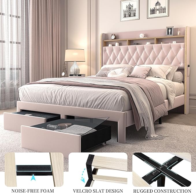 Queen LED Bed Frame with Storage Drawers, Velvet Upholstered Platform Beds with Galaxy Star Projector Charging Station Speaker, Aurora Bedframe with 2-Tier Storage Headboard, Noise-Free, Pink