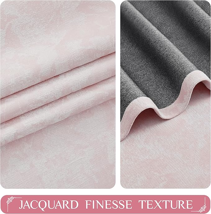 Beauoop Pink Floral Jacquard Blackout Curtains 84 Inches Long 2 Panels for Girls Bedroom Living Room Chenille Flower Room Darkening Thermal Insulated Soundproof Rod Pocket Back Tab Window Drapes 52x84