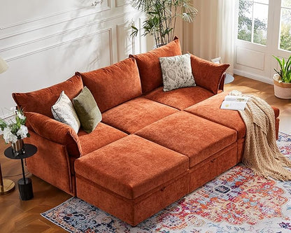 ABCASA 102.6" Luxury Modular Sleeper Sofa Bed 6 Seat Reversible Sectional Couch Deep Seat with Storage Chaises Removable Cover for Living Room, Apartment - Chenille Terracotta Orange