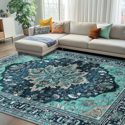 Area Rugs 7'x10' Washable Non-Slip, Floral Vintage Distress Print Pattern Medallion Carpet for Living Room Bedroom Dining Room, Teal Green Lake Blue Turquoise