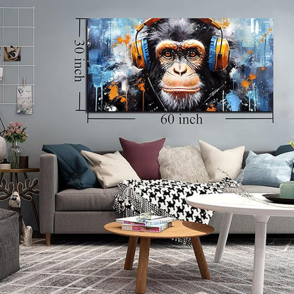 ENTANUB Monkey Wall Art for Living Room, Animal Canvas Print Painting for Bedroom, Blue Picture Decor, Size 59 x 29 Inches