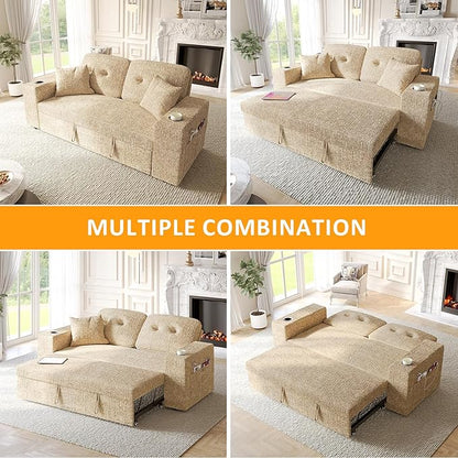 63 Inch Sleeper Sofa Bed, 4 in 1 Pull Out Couch Bed with Adjustable Backrest, Small Loveseat with Wide Armrest | USB Charging | Side Pockets | Cup Holders | Tool Free Assembly, Khaki Chenille