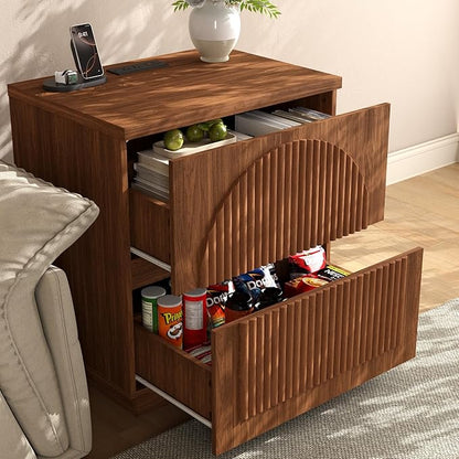 Yechen Nightstand with Drawers Set of 2, Modern Arched Reeded Wood Nightstand with Charging Station, Wooden Night Stand with Storage,Bedside End Tables for Bedroom, Walnut