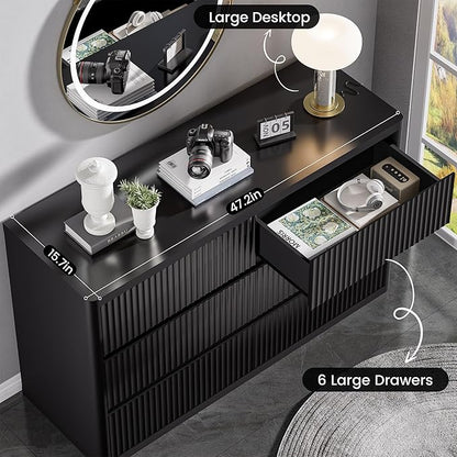 Black Dresser for Bedroom with 6 Double Drawers, 48" Wide Wooden Chest of Drawers with Curved Profile, Modern Fluted Dresser TV Stand, Wood Closet Clothes Storage Organizer for Living Room