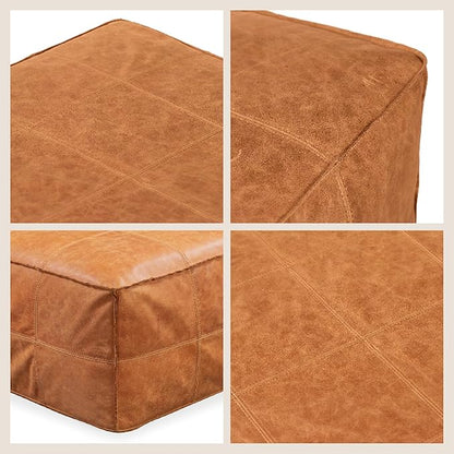 POLY & BARK Taos Ottoman – 37" Square Pouf with Feather-Down Topper – Full-Grain Leather Upholstered Pouf Ottoman for Living Room – Vintage Italian Leather in Cognac Tan