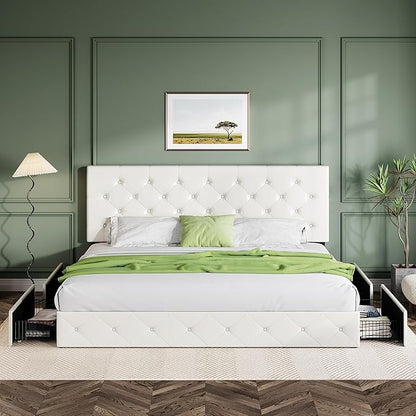 Allewie King Size Platform Bed Frame with 4 Storage Drawers and Headboard/Upholstered Diamond Stitched Button Tufted/Wooden Slats Support/Mattress Foundation/No Box Spring Needed/White