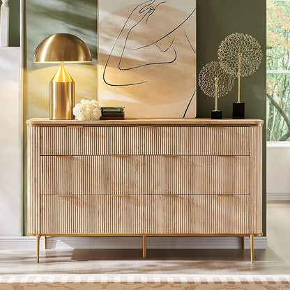 T4TREAM Fluted 7 Drawers Dresser for Bedroom, 54" Wide Modern Dresser TV Stand, Gold Accents, Fluted Fronts, Wood Storage Dressers Organizer for Bedroom, Living Room, Natural Oak