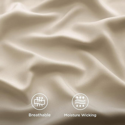Bedsure California King Sheet Sets, Cooling Sheets for Hot Sleepers, Rayon Derived from Bamboo, Deep Pocket Up to 16 Inches, Breathable & Soft, Hotel Luxury Silky Bedding, Beige
