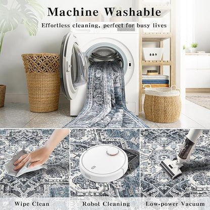 6x9 Area Rugs for Living Room Ultra-Soft Washable Rug Vintage Distressed Boho Area Rug, Non-Slip Retro Print Low Pile Stain Resistant Carpet for Bedroom Dining Room Kitchen Office