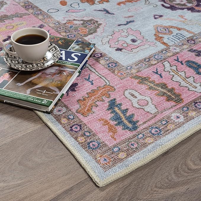 Fame Rugs Pink Beige Modern Oushak Rug 2'6"x7', Washable Vintage Turkish Colorful Oriental Antique Inspired Foldable Small Runner Rugs, Luxury Living Room Bedroom (390PP, 2'6" x 7')
