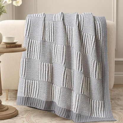 Amélie Home Checkered Knit Throw Blanket for Couch, Chenille Texture Decorative Soft Blanket for Sofa & Chair, 50"x60", Grey & White