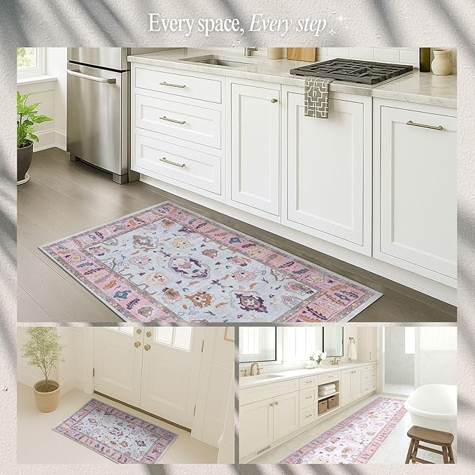 Fame Rugs Pink Beige Modern Oushak Rug 2x3, Vintage Doormat Turkish Colorful Oriental Antique Inspired Washable Small Area Rug, Luxury Living Room Bedroom (390PP, 2' x 3')