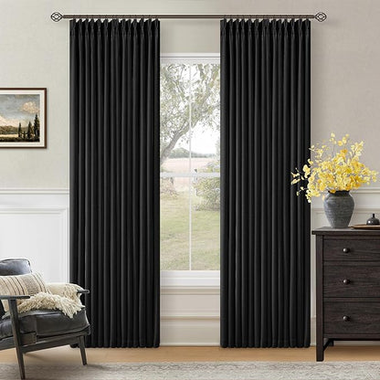 Black 80 Inch Pinch Pleated Black Out Curtains 2 Panel Set for Living Room Pinch Pleat Linen Drapes with Liner 80 Inches Long 100% Blackout Light Blocking Energy Saving Curtain for Dining Bedroom
