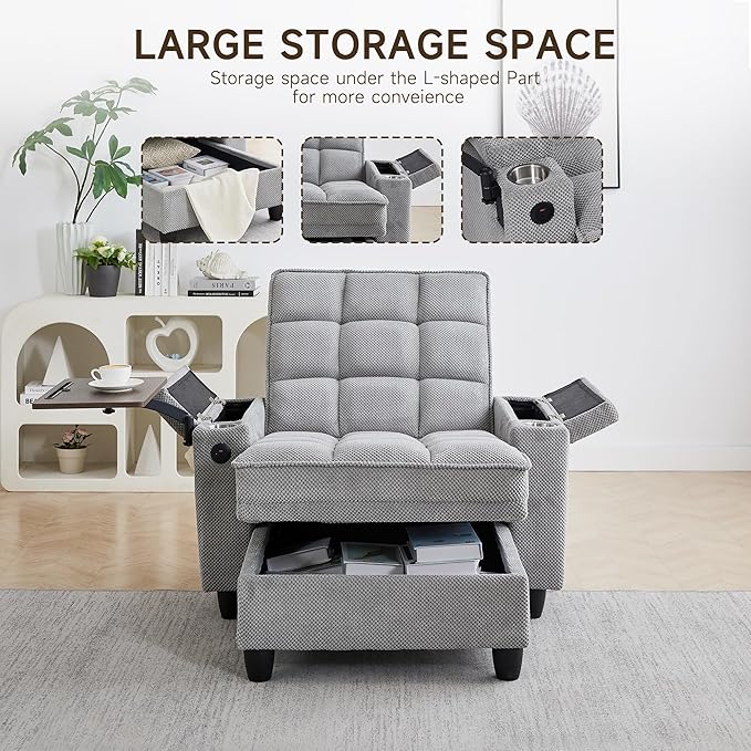 41.7" Oversized Chaise Lounge Chair Indoor, Boucle Upholstered Sofa Bed with Adjustable Backrest, Deep Seat Reading Chair, Sofas Couches for Living Room, Storage, Cup Holders & 360° Swivel Side Table | Oversized chaise, Indoor lounge chair, Convertible...