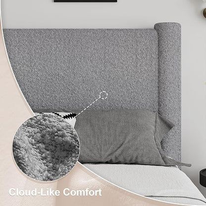 Queen Size Bed Frame, Boucle Upholstered Platform Bed with Headboard and Footboard, Soft Rounded Corners, No Box Spring Required, Easy Assembly, Light Grey