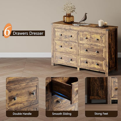 Dresser for Bedroom with 6 Drawers, Farmhouse Wood Chest of Drawers, Wide TV Stand Closet Storage Furniture with Metal Handle, Modern Clothes Organizer for Hallway, Living Room, Entryway, Brown