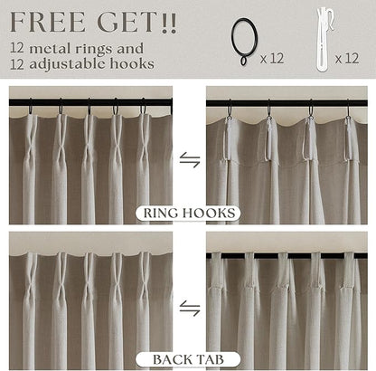 Extra Wide Curtains 60 Inch Width 84 Inches Long for Living Room Bedroom Light Filtering Semi Sheer Farmhouse Pleated Curtain Hooks Rings for Patio Sliding Door Large Window Burlywood Taupe 1 Panel