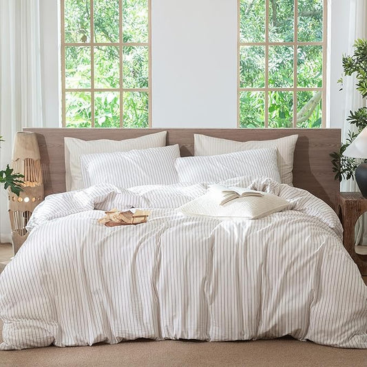 MooMee Striped Duvet Cover Set 100% Washed Cotton Linen Like Textured Breathable Durable Soft Comfy (White Orange Wide Stripes, Super King 108"x98")