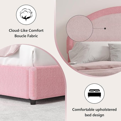Queen Bed Frame, Boucle Upholstered Platform Bed Frame with Headboard, Pink Bed Frame, Soft Rounded Corners, No Box Spring Required, Easy Assembly