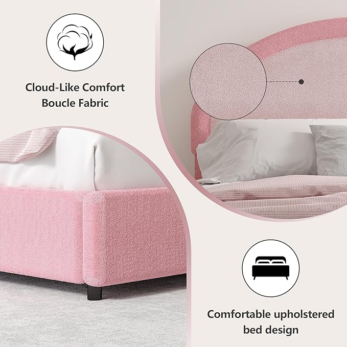 Full Size Bed Frame, Boucle Upholstered Platform Bed Frame with Headboard, Pink Bed Frame, Soft Rounded Corners, No Box Spring Required, Easy Assembly