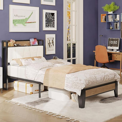 LIKIMIO Twin Bed Frames, Storage Headboard with Charging Station, Solid and Stable, Noise Free, No Box Spring Needed, Easy Assembly, Wood and Cream